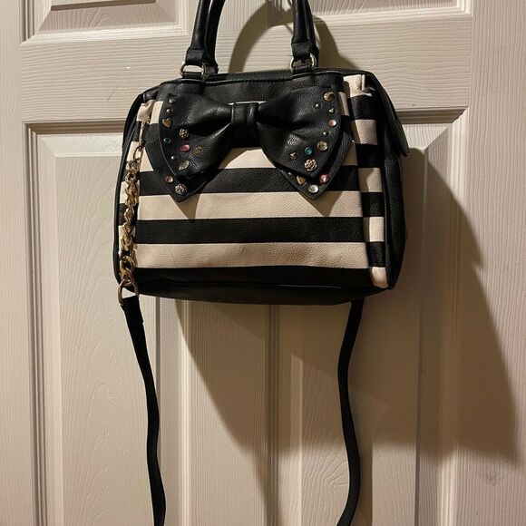 Betsey Johnson  Synthetic Black and White Striped Bow & studs accents satchel - Picture 3 of 13